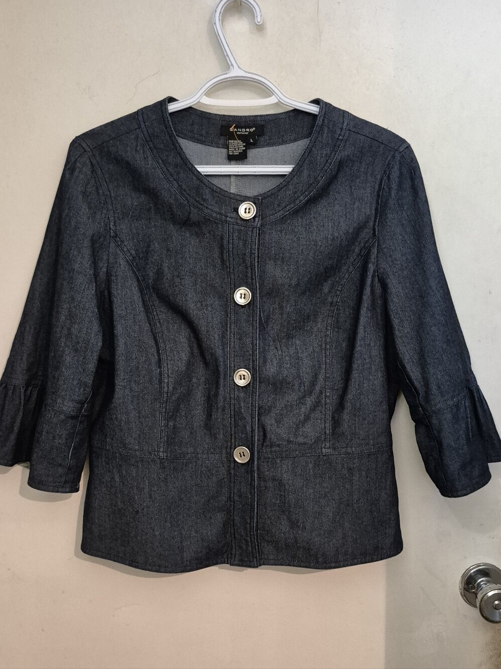 Sandro Denim Bell Sleeve Ruffled Jacket Sz L